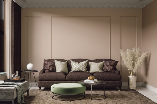 Bohemian living room interior with brown furnitures and beige walls. le marron pour choisir les bonnes couleurs de peinture